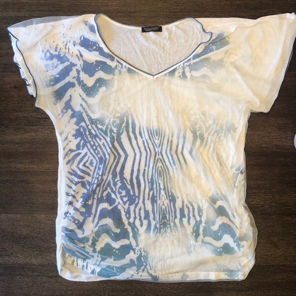 Blue teal cream tee, mesh overlay - Picture 1 of 7